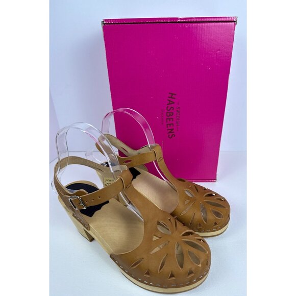 Swedish Hasbeens Women's Lacy Sandal Natural Leather Lime Wood Heels EU 37, US 7 - Picture 2 of 16